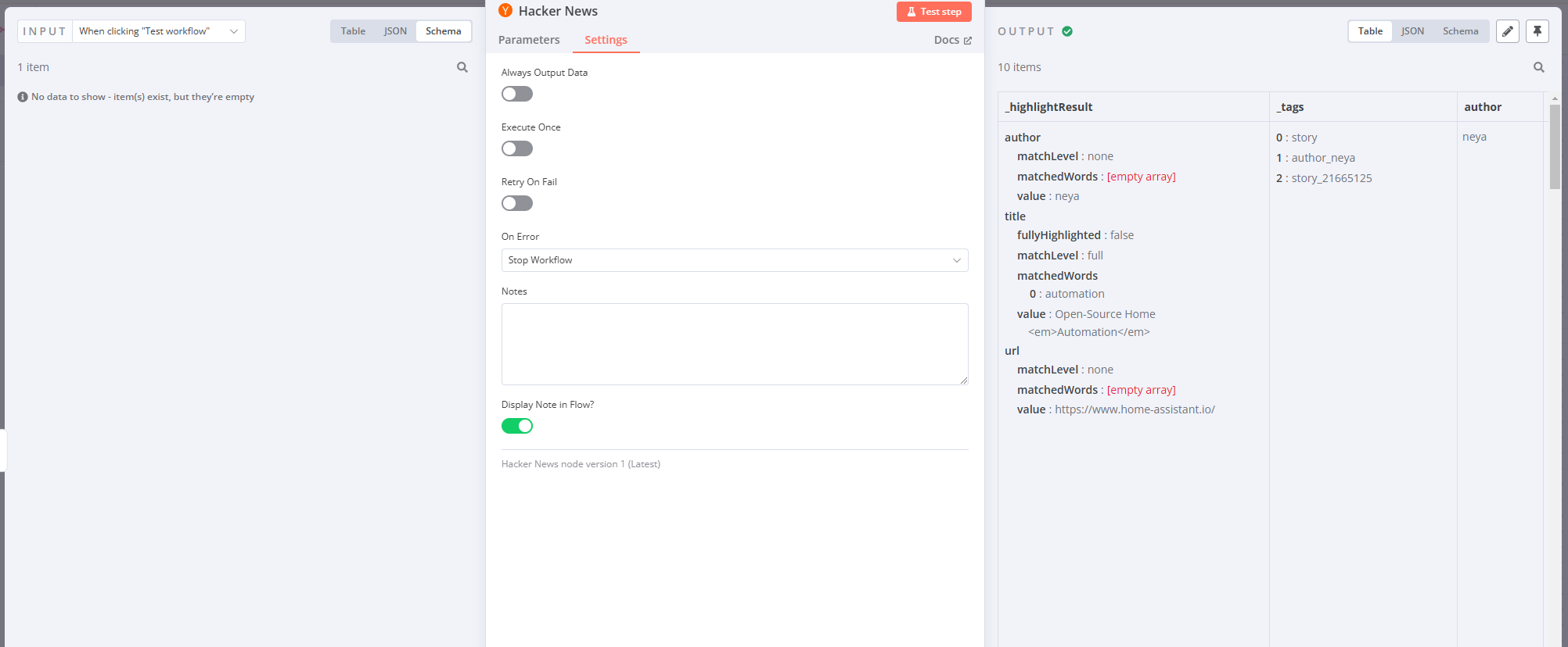 Results in Table view for the Hacker News node